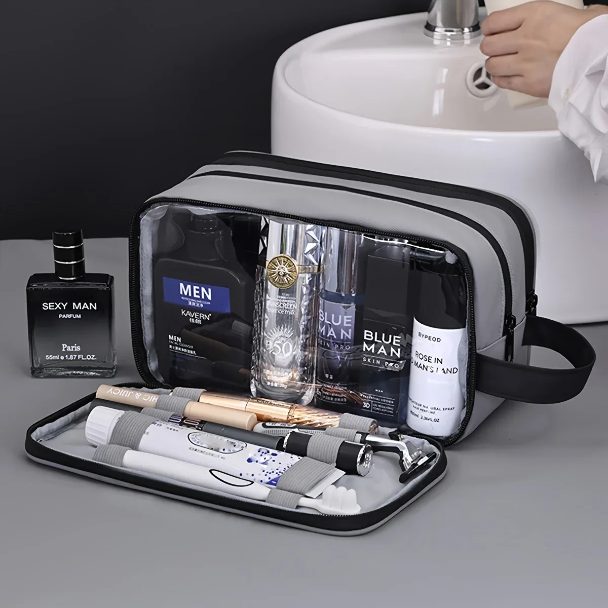 sac de rangement de cosmétiques double couche pour hommes, sac de maquillage et de beauté portable à fermeture éclair, sacs de rangement de produits de toilette de voyage d'affaires