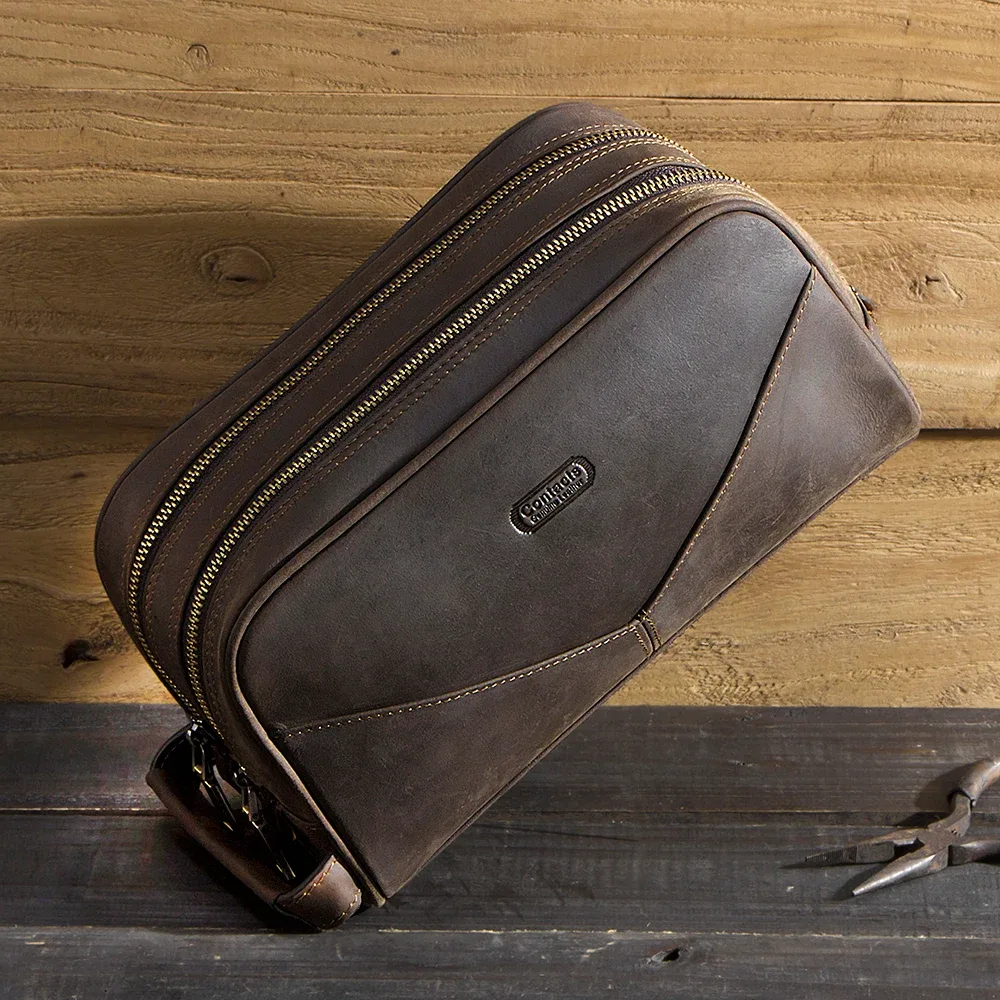 Vintage Crazy Horse cuir hommes trousse à cosmétiques trousse de maquillage voyage toilette à main maquillage sacs de lavage Double fermeture éclair homme organisateur