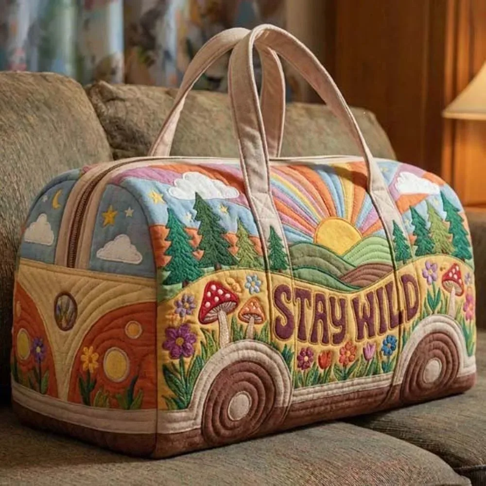 sac de voyage matelassé grande capacité imprimé motif bus, en tissu doux et léger, avec fermeture éclair durable