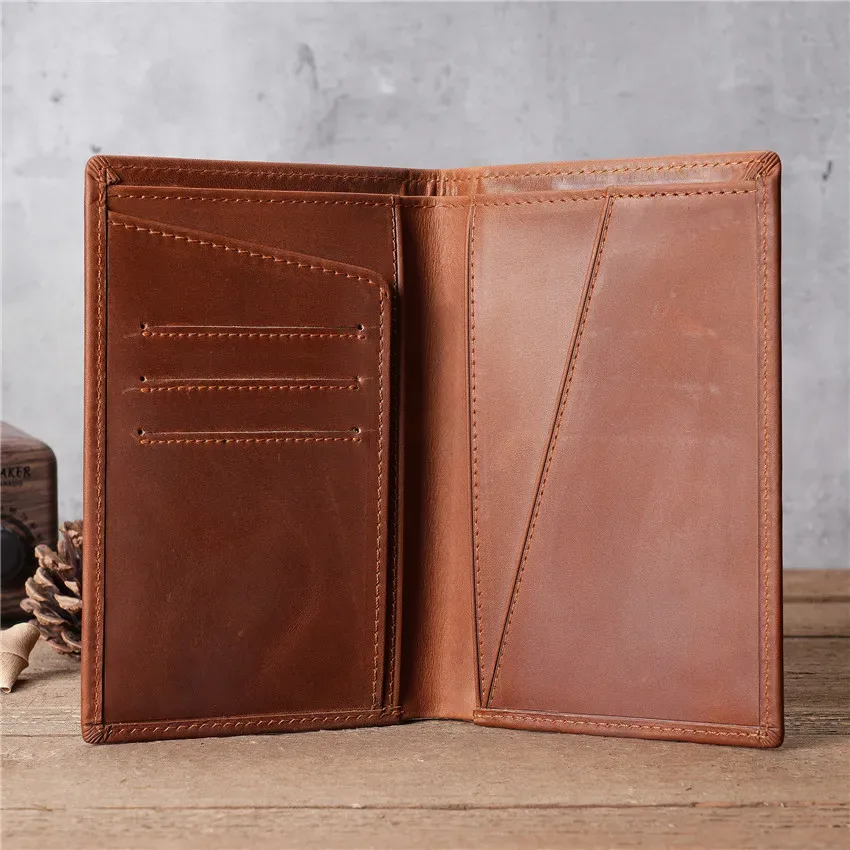 sac de passeport unisexe en cuir véritable, sac d'identification long en cuir de vache crazy horse, sac de ramassage de vache à couche de tête multi-fentes 1116