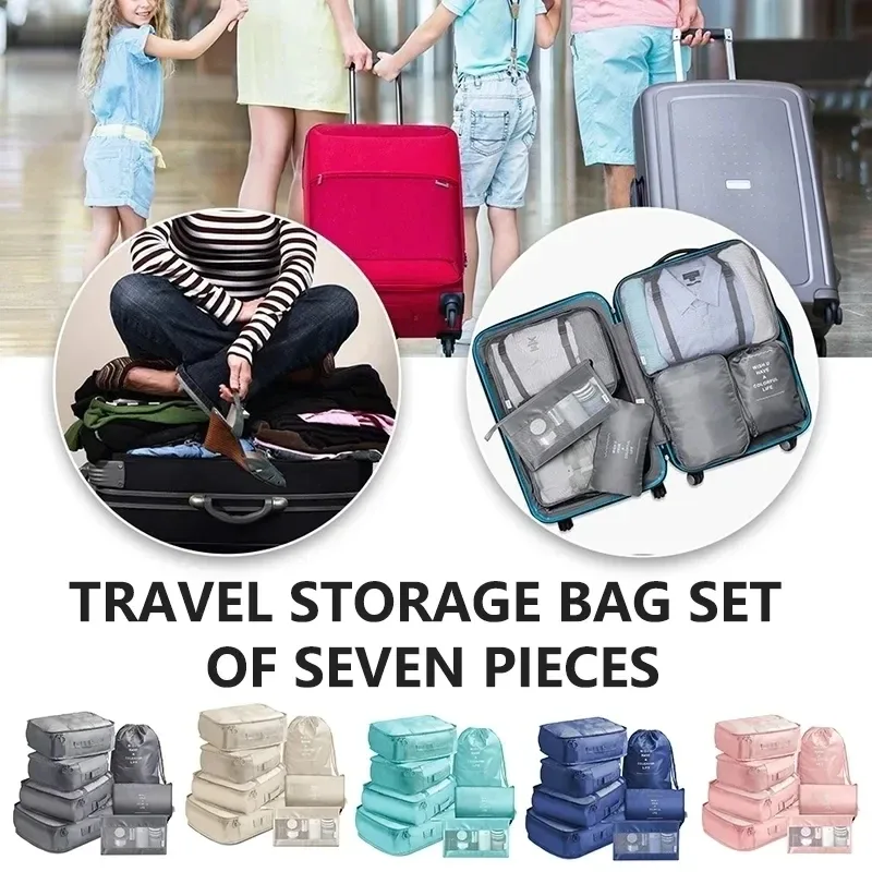 sacs de rangement pour organisateur de voyage, 7 pièces, cube de garde-robe, valise, ensemble de cubes d'emballage, bagages, vêtements, pochette à chaussures pliante