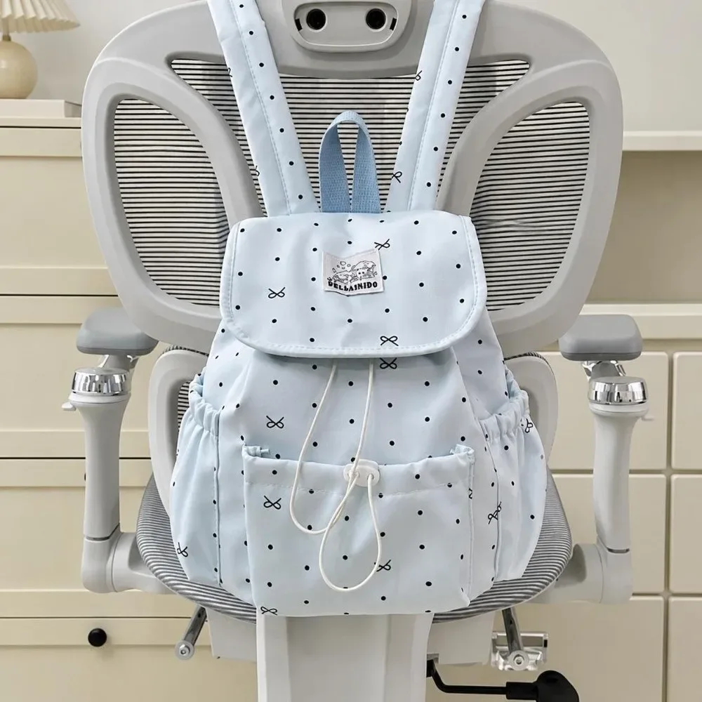 sac à dos à pois avec cordon de serrage, grande capacité, nœud décoratif, double bandoulière, ultra léger, en nylon, pour femmes, idéal pour les trajets quotidiens.