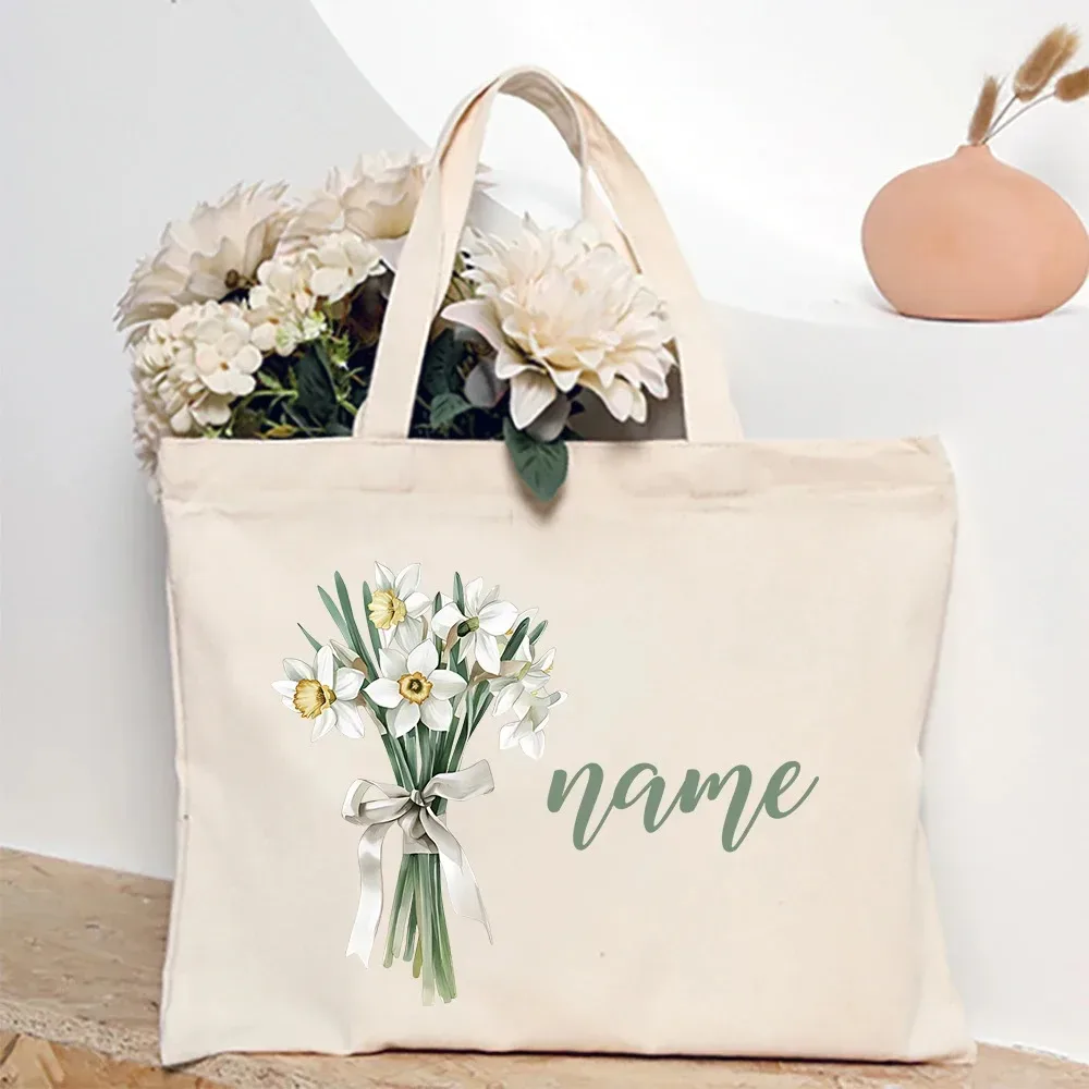 sac à bandoulière personnalisé avec fleur du mois de naissance et nom, sac fourre-tout en toile monogramme, idéal pour mariage, anniversaire, fête, meilleur cadeau pour elle