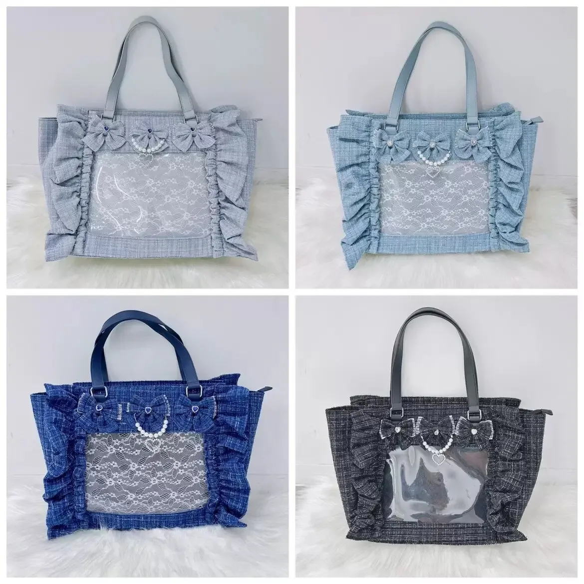 sac à main en dentelle à volants pour femmes et filles, sacoche de style japonais, fourre-tout carré avec nœud papillon en perles, sacs à main portables initiés