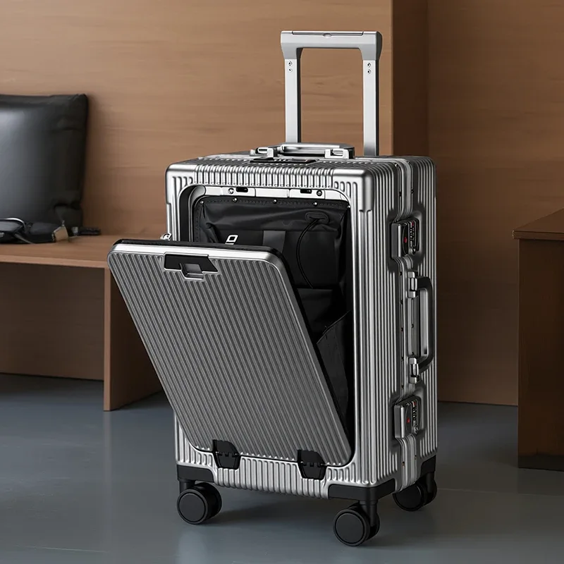 valise de voyage ko-ku nouvelle version avec ouverture frontale, compartiment pour ordinateur portable, cadre en aluminium 20-28, et porte-gobelet