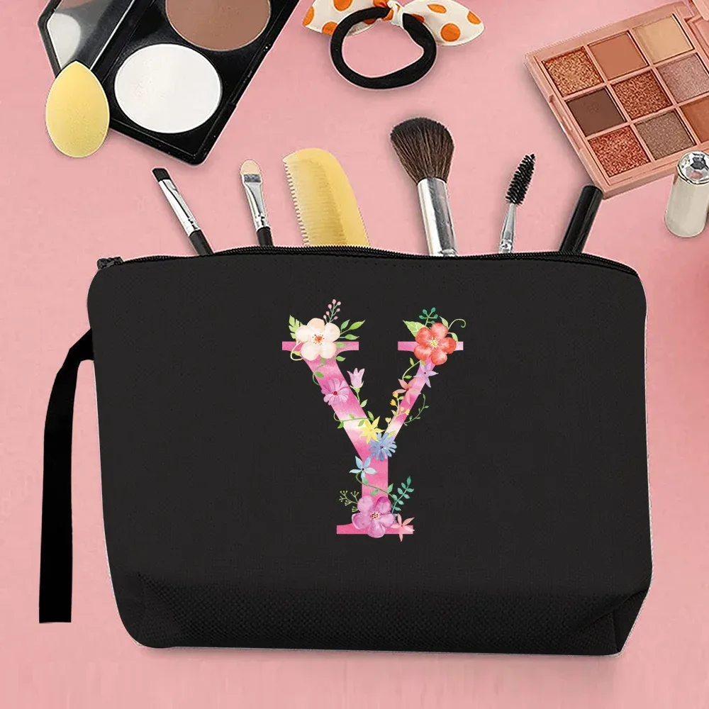trousse de maquillage pour femmes, trousse de maquillage portable, trousse de maquillage de voyage pratique, sac à main en toile, motif de lettres roses, organisateur de bijoux