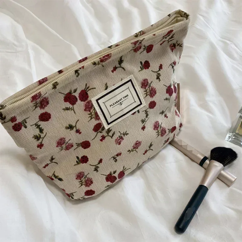 trousse à cosmétiques de beauté florale pour femme, trousse de maquillage, broderie coréenne, velours côtelé, grand sac de rangement de lavage et de toilette, poudres, voyage