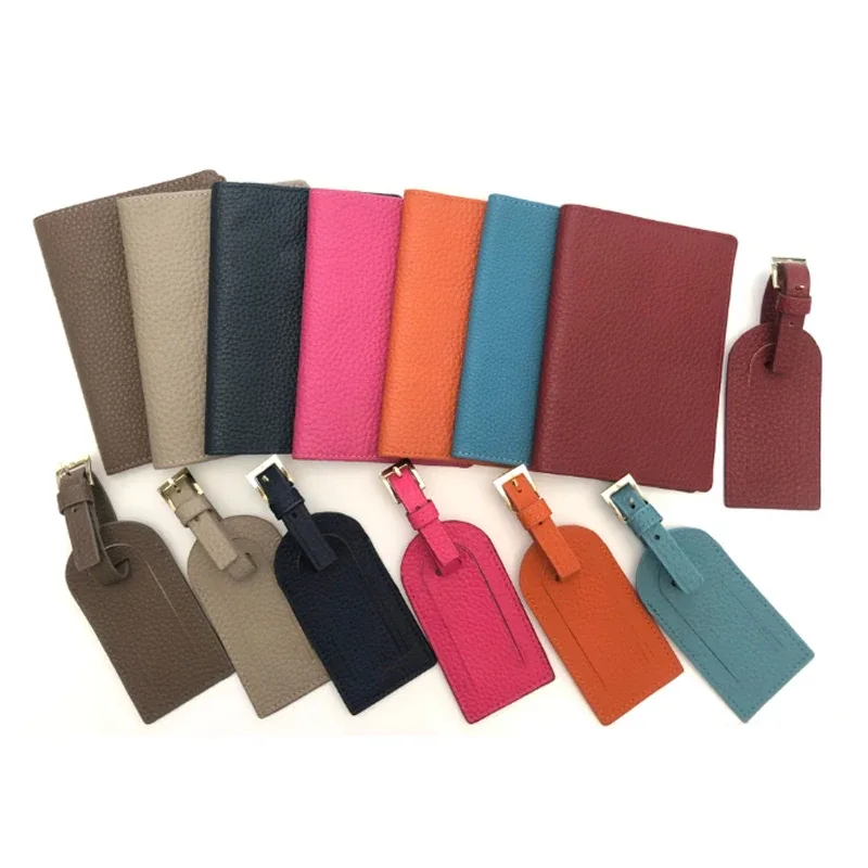 pebble style top layer of cowhide simple portable passport holder travel passport clip anti loss luggage tag gift box packaging