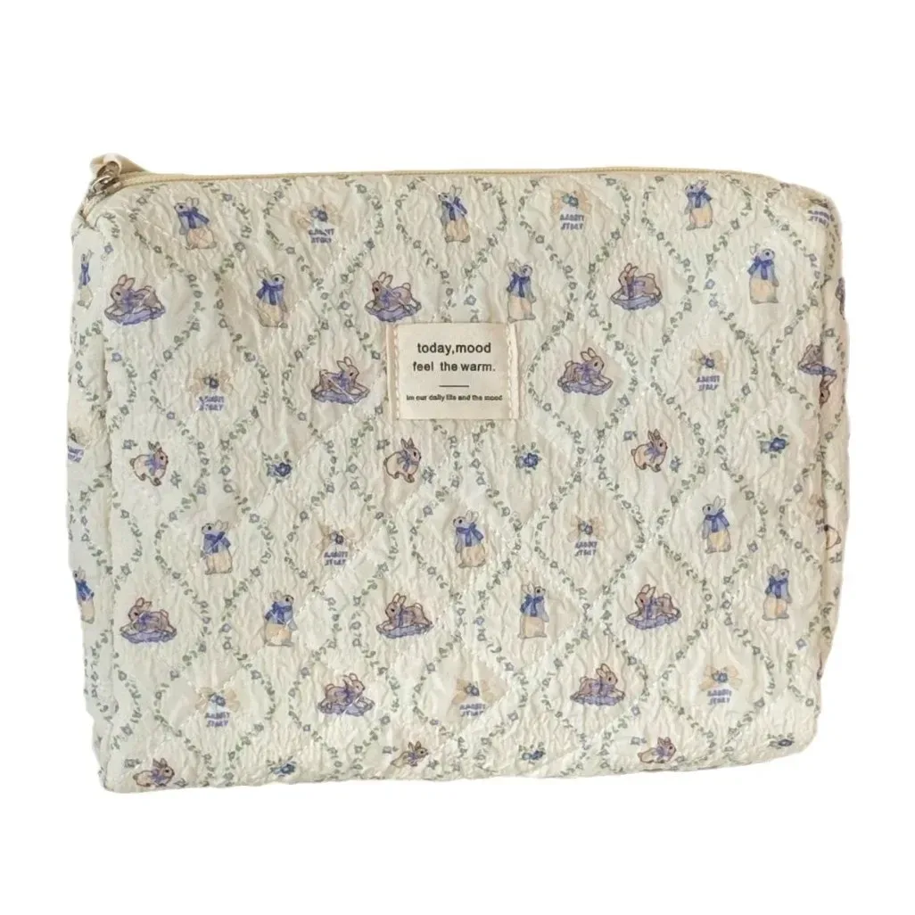 trousse de maquillage en coton matelassé pour femme, imprimé dessin animé mignon, grands sacs à main de rangement cosmétiques pour femme, pochette en poudre douce pour femme, sac à main