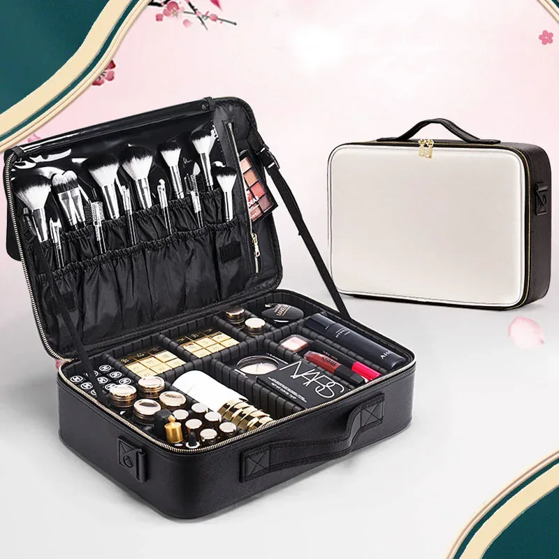 Sac à cosmétiques professionnel pour femmes, trousse de maquillage de voyage en cuir, outil de beauté de grande capacité, brosse de maquillage, boîte de maquillage d'artiste