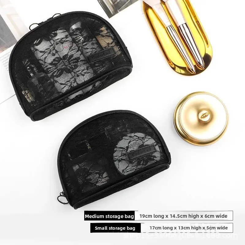 trousse de maquillage en dentelle transparente portable, sac de rangement de taille moyenne pour articles de toilette, matériau en nylon de style japonais de la chine continentale