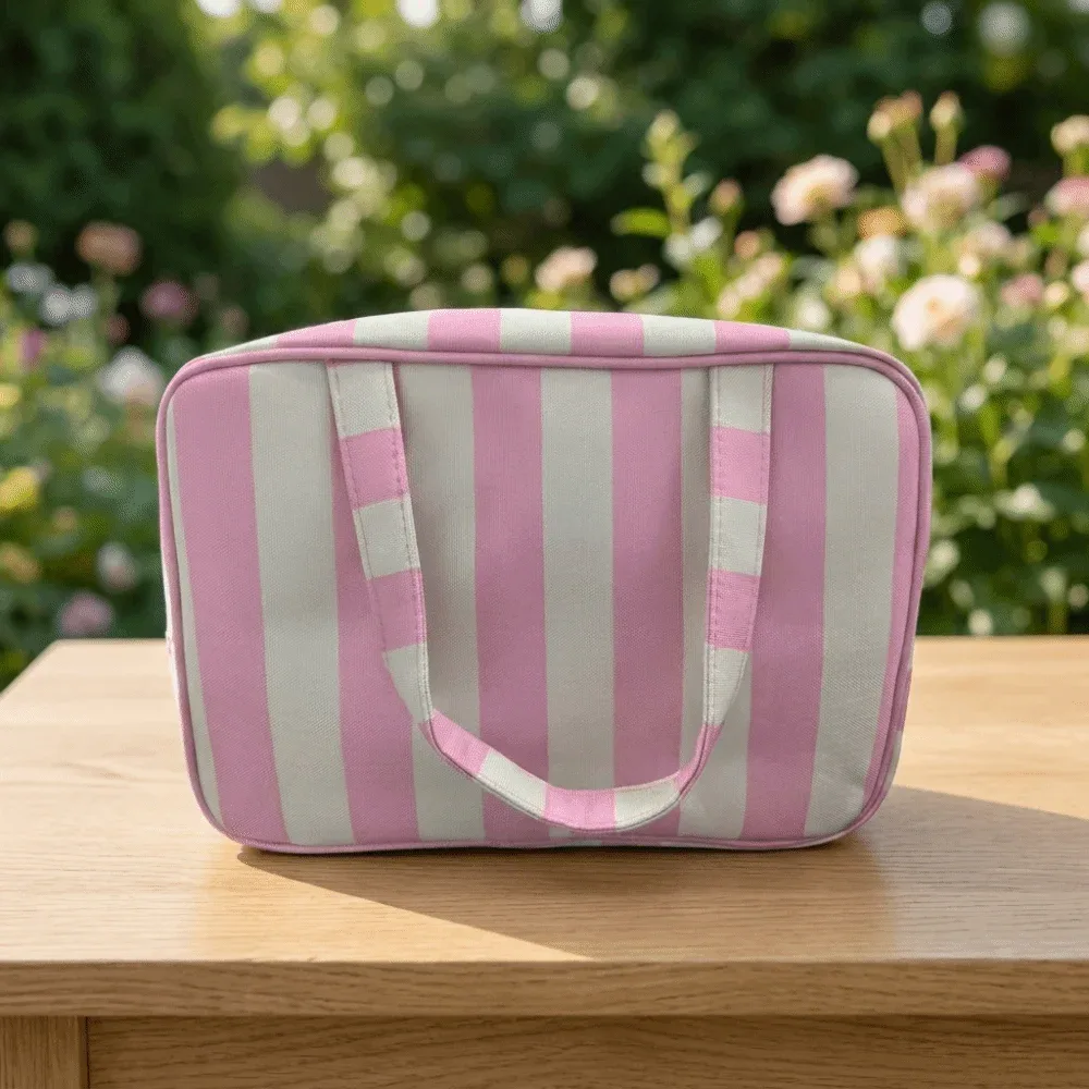 sac de rangement pour articles de toilette rayé grande capacité, pliable, multi-compartiments, sac de maquillage de voyage, pochette cosmétique durable et portable