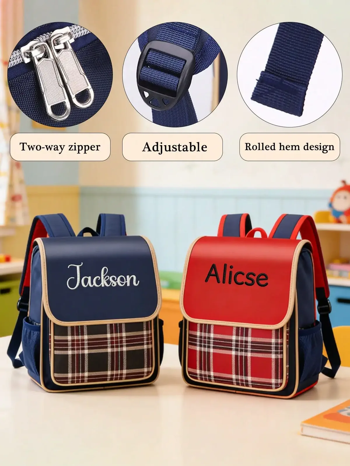 sac à dos scolaire personnalisé avec broderie de nom pour enfants, sac à carreaux pour garçons et filles, cartable étanche format a4 pour la maternelle