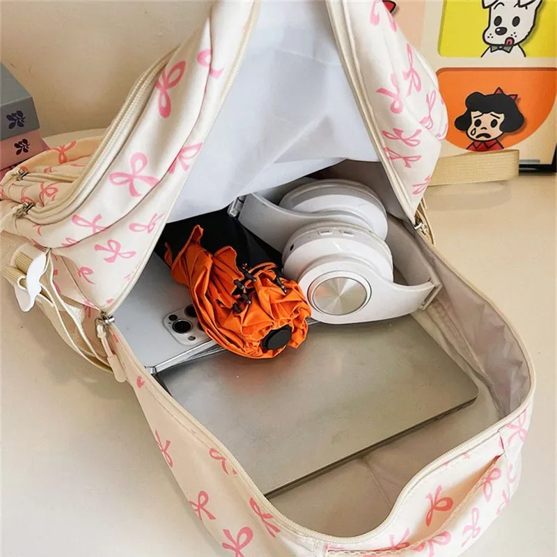 ensemble de 3 pièces de sac à dos mignon de grande capacité, mode coréenne, sac imprimé avec nœud, sacs en nylon, cartable d'étudiant, sac à dos de voyage à sangle réglable