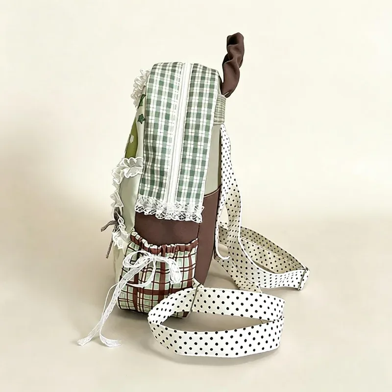 sac à dos kawaii à imprimé pomme et dentelle à volants pour femme, sac d'école à carreaux, sac à dos décontracté lolita pour étudiante, idéal pour les voyages quotidiens