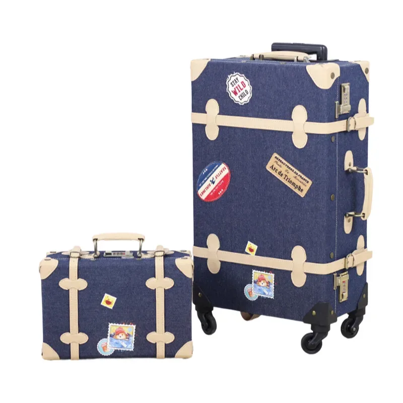 nouvelle valise en patchwork de denim avec coins en cuir faits à la main, roulettes à bagages rigides de voyag