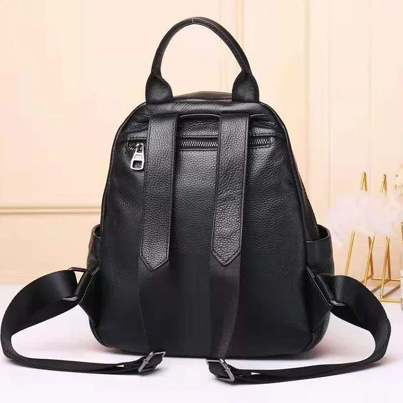 sac à dos en cuir de vachette véritable noir pour femme, sac à dos décontracté antivol pour femme, sac initié en cuir véritable, motif solide, sac à dos scolaire pour filles