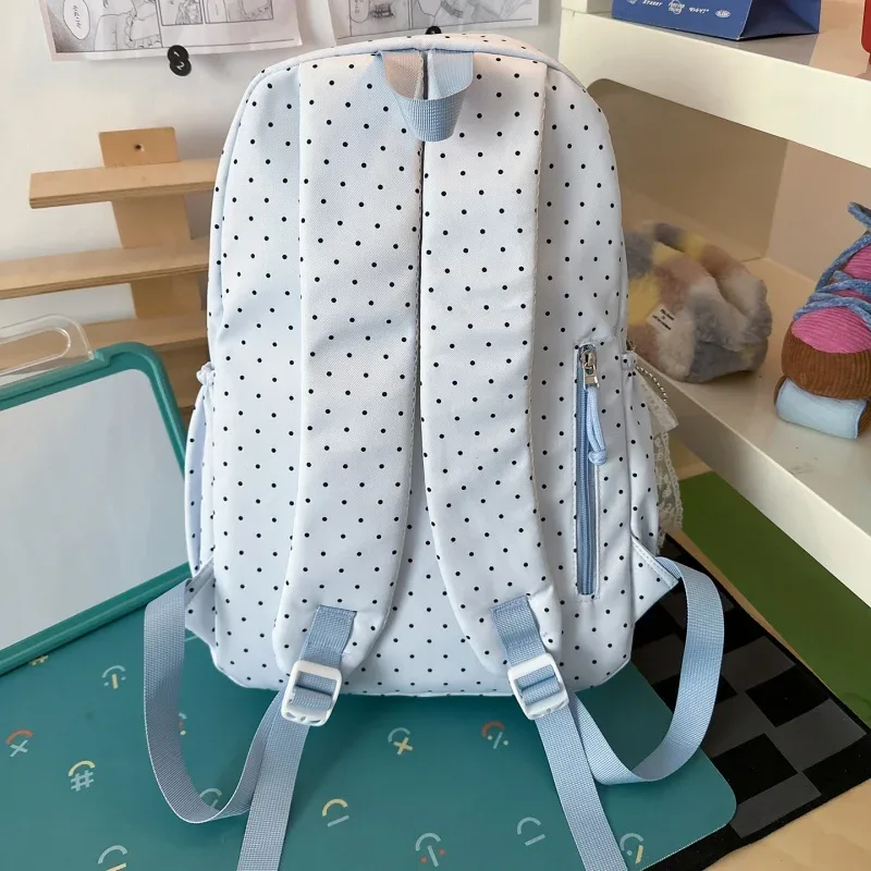 sac à dos scolaire en nylon de grande capacité, style coréen, orné de dentelle à pois et d'un joli nœud décoratif, idéal pour les filles, pour les voyages quotidiens.