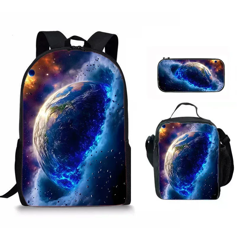 sacs de voyage pour étudiants, sac à dos pour ordinateur portable, sac à déjeuner, trousse à crayons, imprimé 3d hip hop youthful novelty space planet, 3 pièces/ensemble