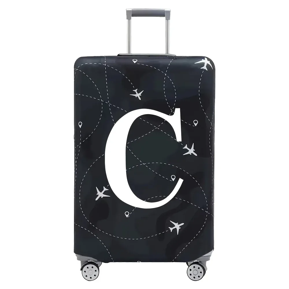cette housse de valise extensible s'adapte aux valises de 18 à 32 pouces et présente un motif de lettres a-z blanches imprimé sur la surface.