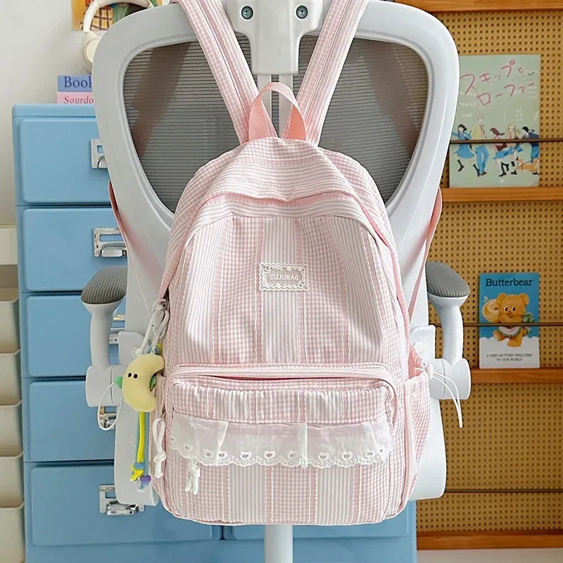 sac à dos coréen simple et esthétique en dentelle à volants, couleur unie, rayé, grande capacité, pour étudiantes, idéal pour l'école, les trajets quotidiens et les voyages