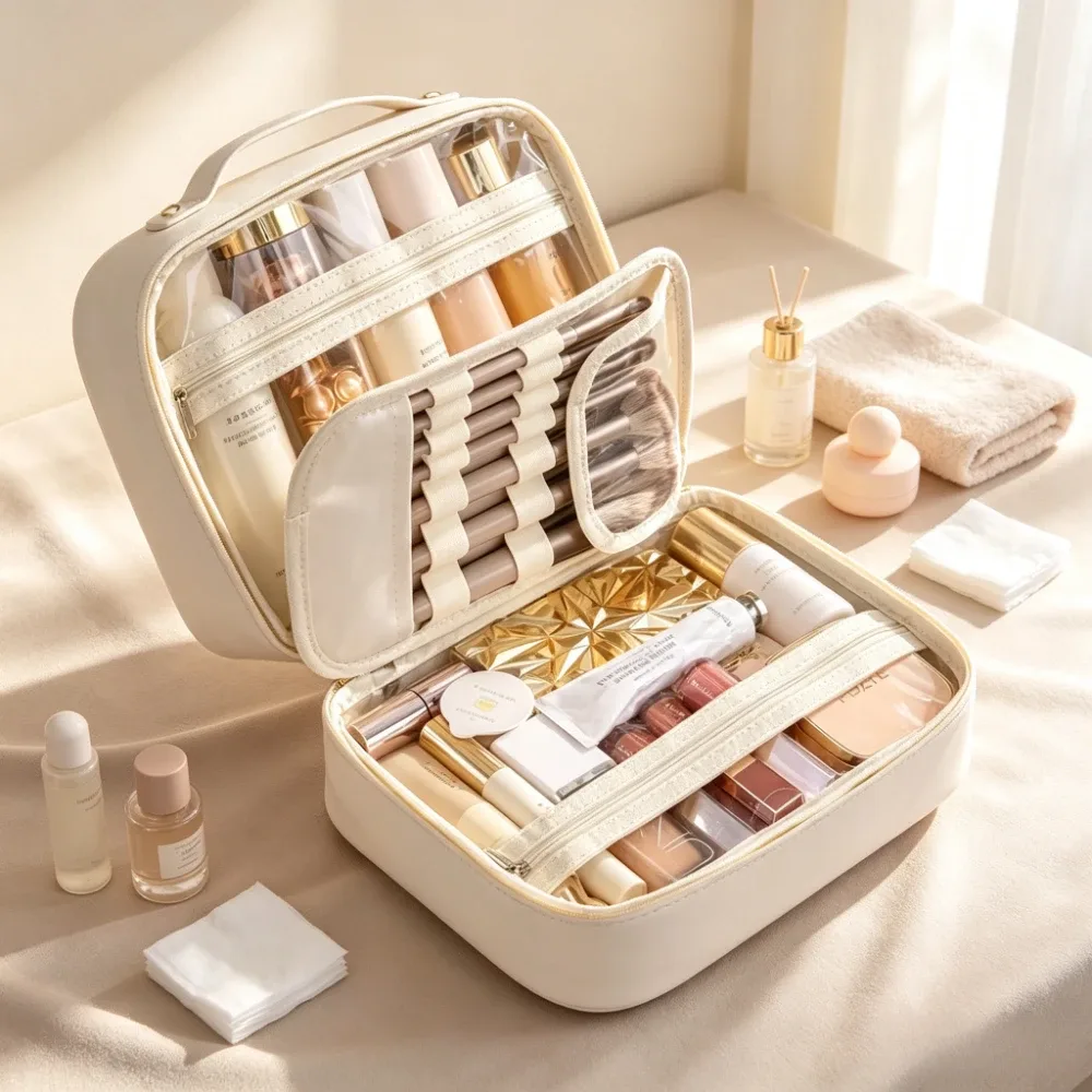 Sac de maquillage portable pour femmes, trousse de beauté de voyage avec compartiment pour pinceaux, grande capacité, sac de rangement imperméable pour soins de la peau