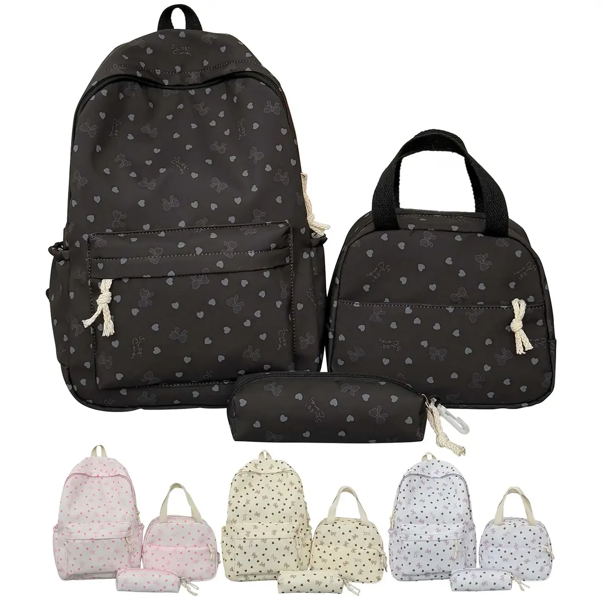 ensemble de sac à dos coquette bow love print kawaii avec boîte à lunch et trousse à crayons, sac à dos de voyage, sac d'école pour adolescentes, filles, étudiantes