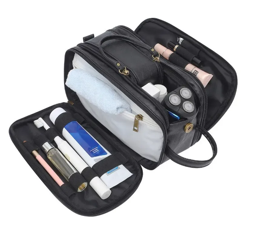 trousse de toilette pour hommes, grand kit dopp de rasage de voyage, organisateur de produits de toilette de salle de bain résistant à l'eau, sacs à cosmétiques en cuir pu