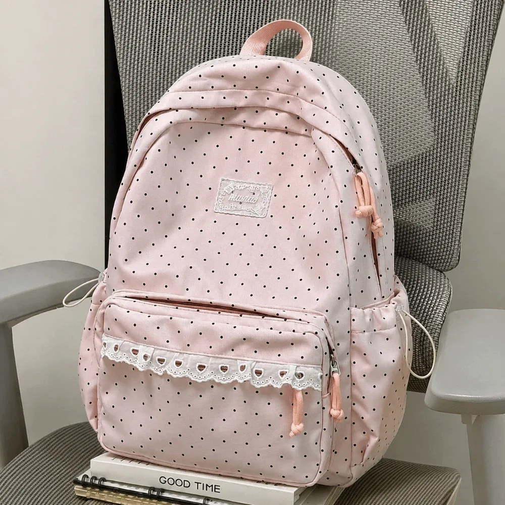 sac à dos de voyage à pois mignon, grande capacité, avec dentelle, cartable d'école pour étudiants, sac à dos en nylon multi-poches pour ordinateur portable