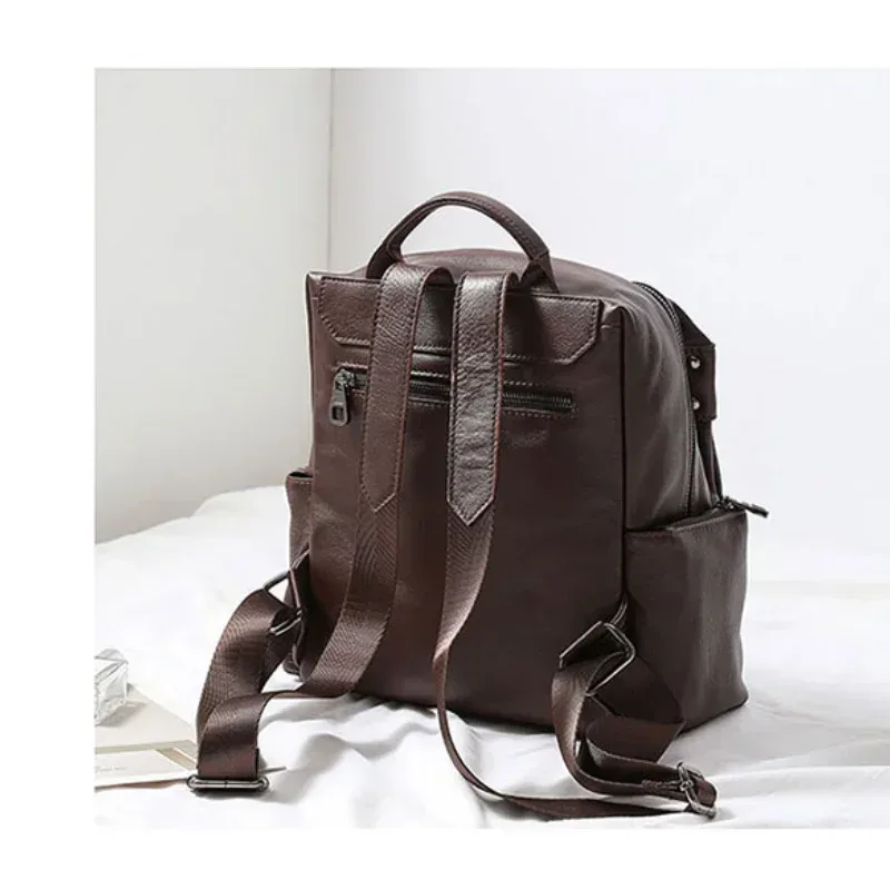 sac à dos de voyage décontracté pour femme, 100% cuir de vache naturel, grand cartable de style preppy pour fille, sac à dos pour ordinateur portable, café, 2025
