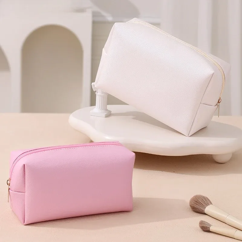 Sacs à cosmétiques de couleur unie pour femmes, sac de rangement de maquillage Portable de voyage, pochette de toilette à fermeture éclair