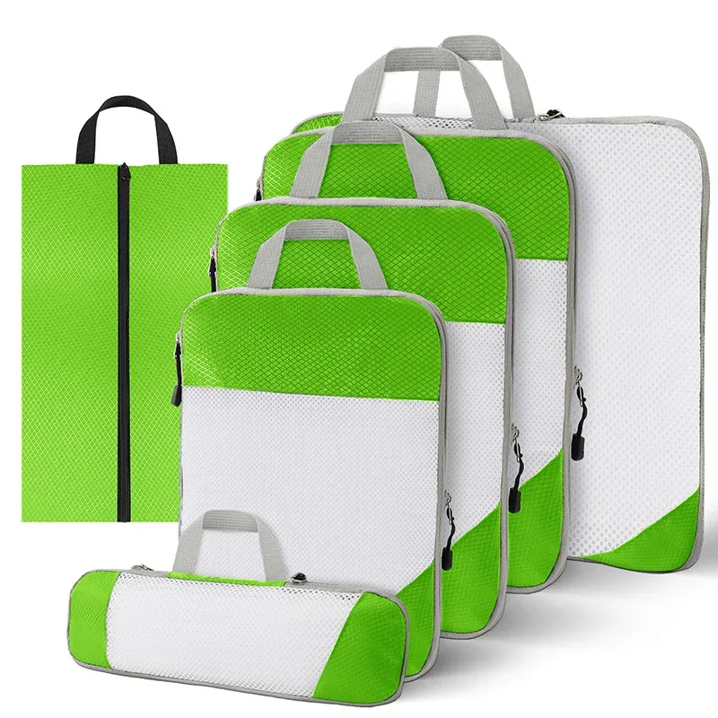 sac de rangement en nylon imperméable à compression de voyage portable, ensemble de pochettes de rangement à motif de grille visuelle pour l'organisation du voyage
