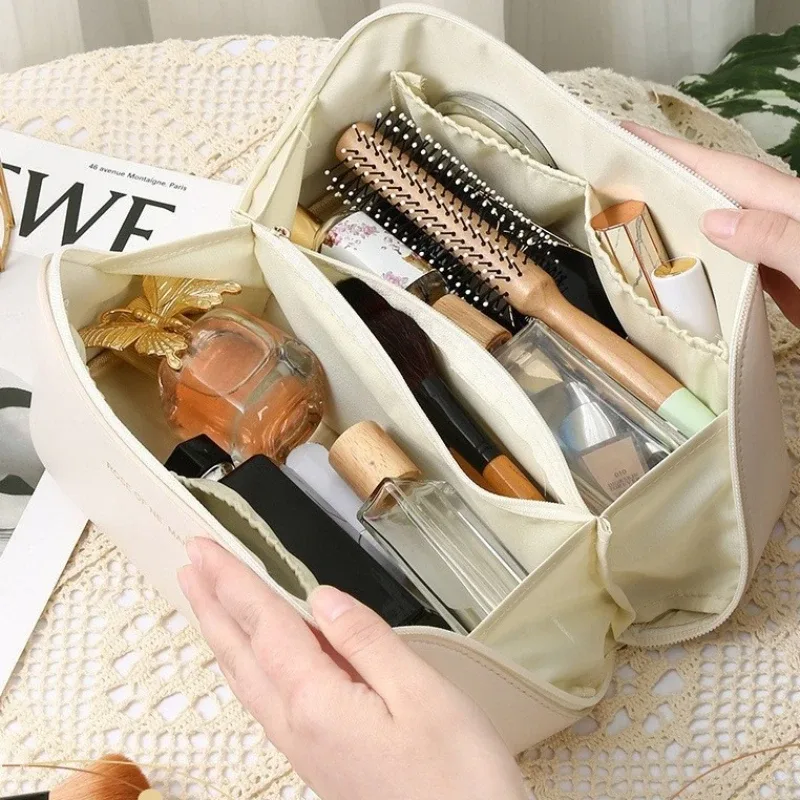 trousse de maquillage de voyage grande capacité, organiseur de cosmétiques extensible avec compartiments zippés pour articles de toilette et accessoires, rose