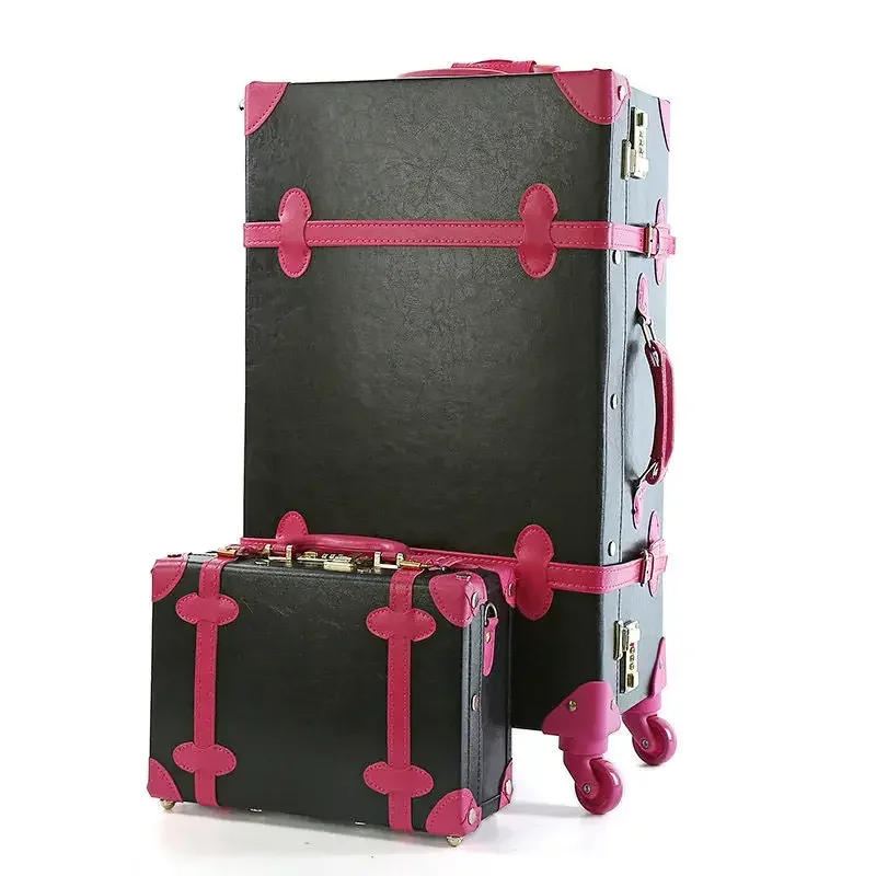 valise à roulettes en cuir pu rétro pour filles, bagage à main, cabine rose, ensemble de bagages de voyage pour femme, 20 po, 2 pièces