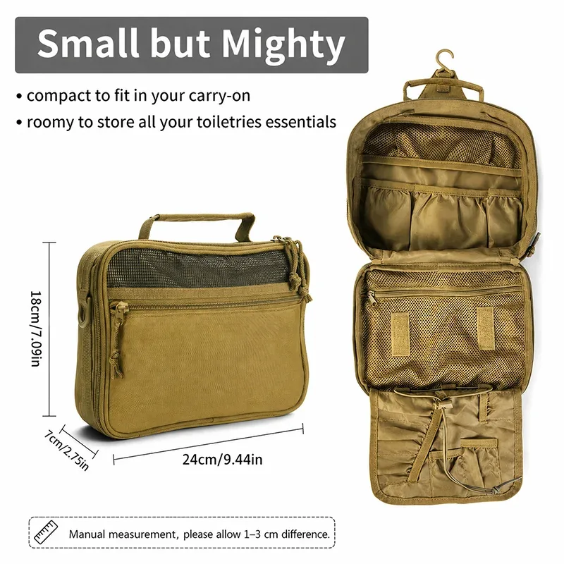 trousse de toilette portable pour homme en tissu oxford kaki, organisateur de voyage multi-poches suspendu pour la pêche en plein air et les courts séjours