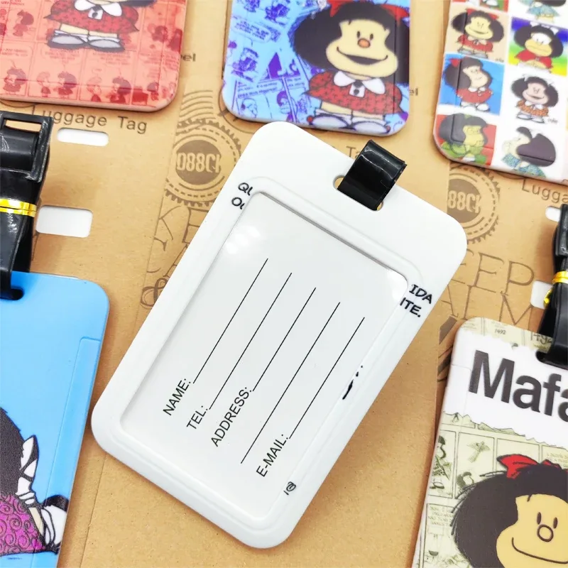 étiquette de bagage mafalda pour filles mignonnes, étiquette de bagage de voyage pour femmes, porte-adresse d'identification, bagages d'embarquement, billet de valise portable