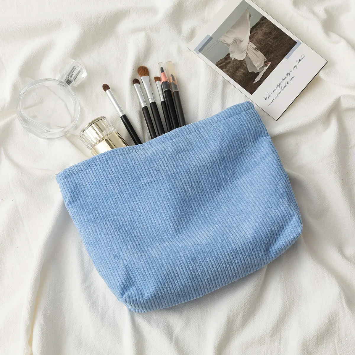 sac à cosmétiques en velours côtelé pour femmes, organisateur de maquillage coréen de couleur unie, pochette de toilette de voyage, trousse de beauté