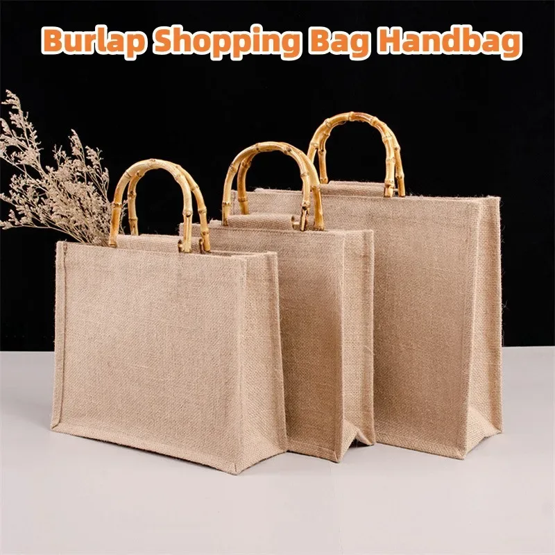 Sac fourre-tout en toile de jute imperméable vintage, sacs en bambou, sac à main beige décontracté de grande capacité, sacs de plage portables, sacs d'évaluation de voyage