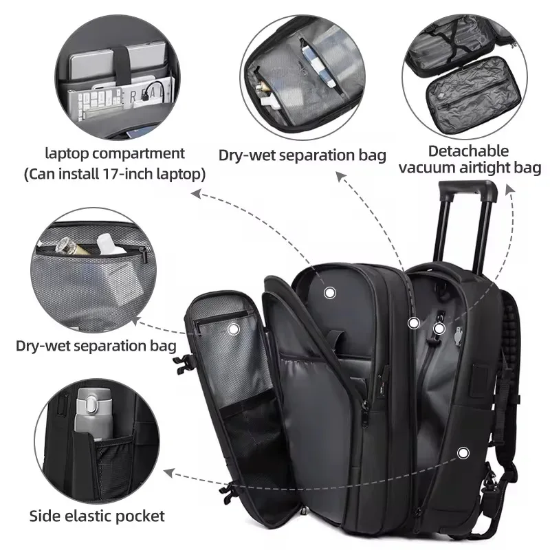 sac à dos roulant pour ordinateur portable 17 pouces, résistant à l'eau, grande capacité 36-55l, bagage de voyage, sac à dos à roulettes pour hommes et femmes