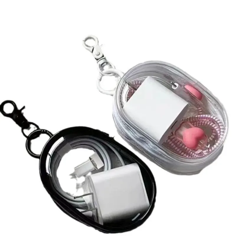 Sac de rangement portable mini transparent avec fermeture éclair - Organisateur peu encombrant pour écouteurs et chargeurs, polyvalent avec boucle porte-clés pratique
