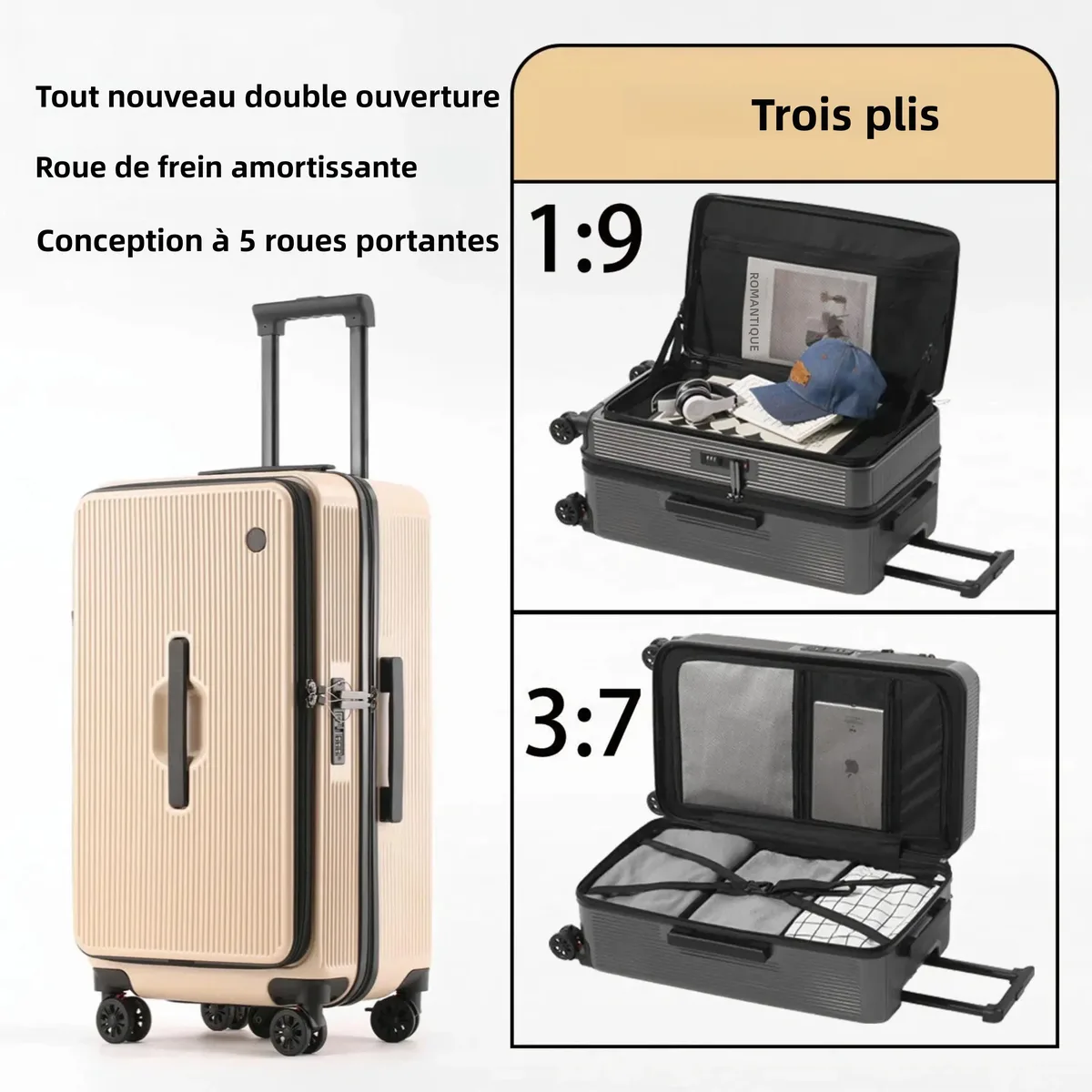 Valise Premium Pure PC à double ouverture 20/25/29 pouces avec serrure TSA, compartiment de rangement 1:9/3:7, valise de voyage à 4/5 roues pivotantes pour toutes les voyages