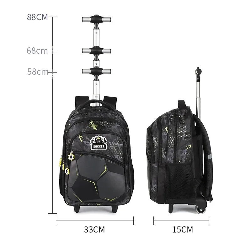 sac à dos roulant d'école avec roulettes pour garçons, ensemble de sacs à dos à roulettes d'école de football avec boîte à déjeuner, sacs de bagages de voyage pour enfants