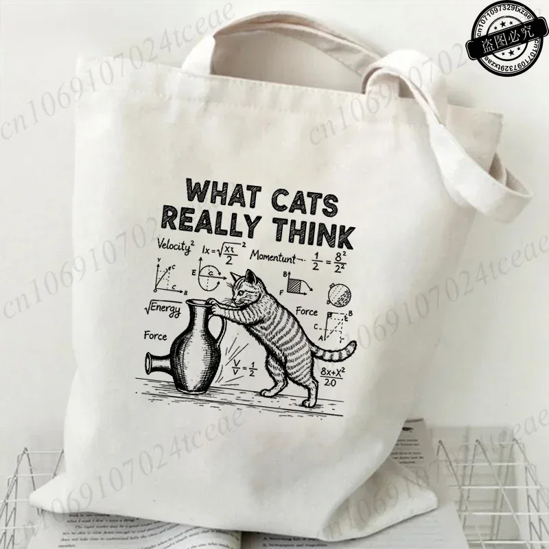sac fourre-tout en toile imprimé chat physique amusant, sac à main réutilisable chat mathématique humour scientifique, sacs à bandoulière décontractés pour le shopping