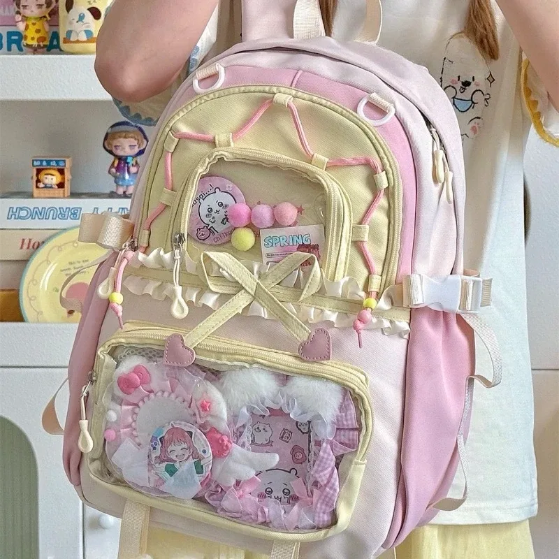 Sac à dos Ita transparent Italife Dopamine Anmie pour femme, idéal pour la rentrée scolaire, style japonais, avec grandes volants et nœuds pour l'affichage des badges H259