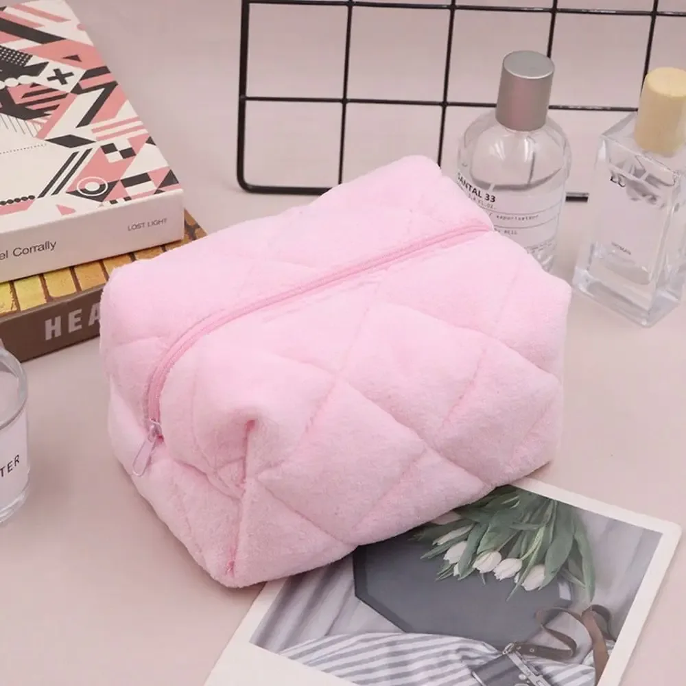 sac à cosmétiques de grande capacité, sac de maquillage design portable en peluche, sac de rangement de style kawaii de couleur pure, rangement de maquillage