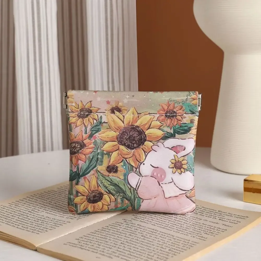 pochette à maquillage en cuir pu, mini sac cosmétique imprimé, porte-monnaie à fermeture automatique, sac de rangement pour rouge à lèvres à fermeture automatique, motif floral, pour filles