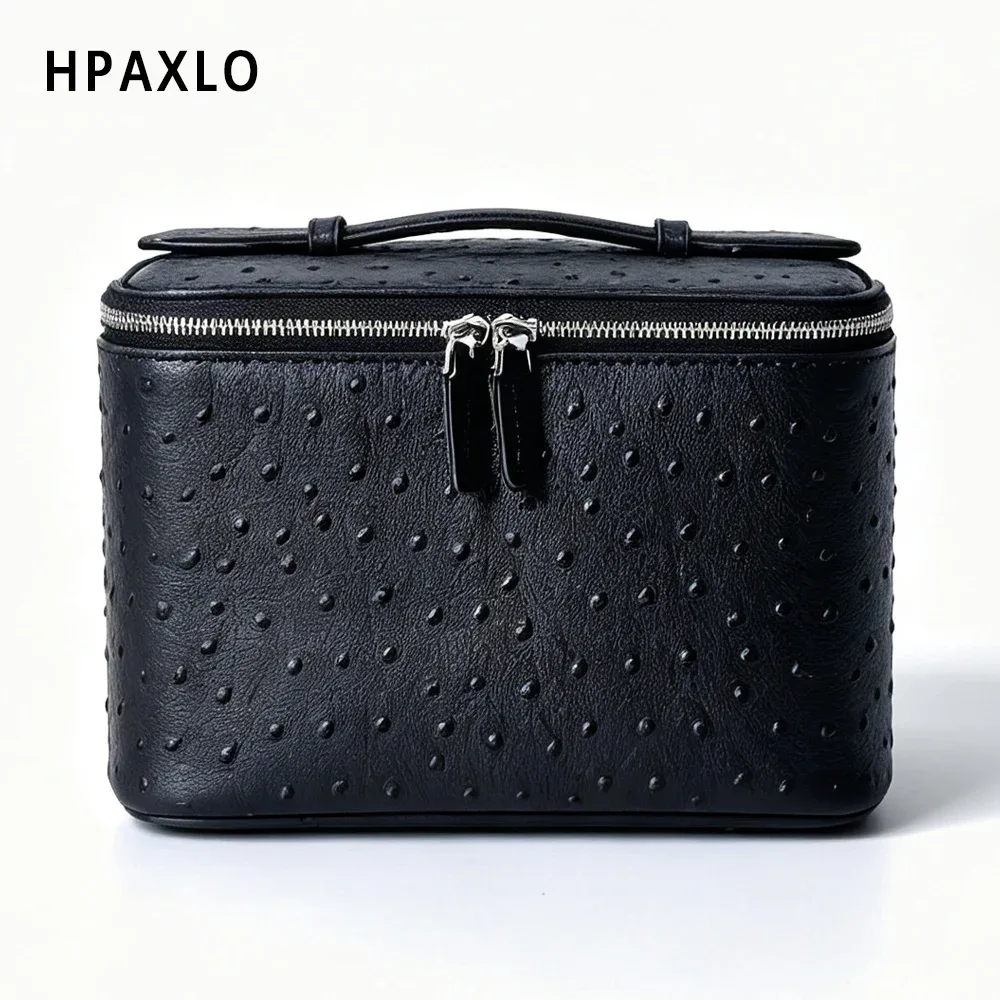 sac de toilette pour femme en cuir véritable à motif d'autruche, sac de voyage carré tendance, organiseur de cosmétiques, grand sac à cosmétiques, sac à main, neuf