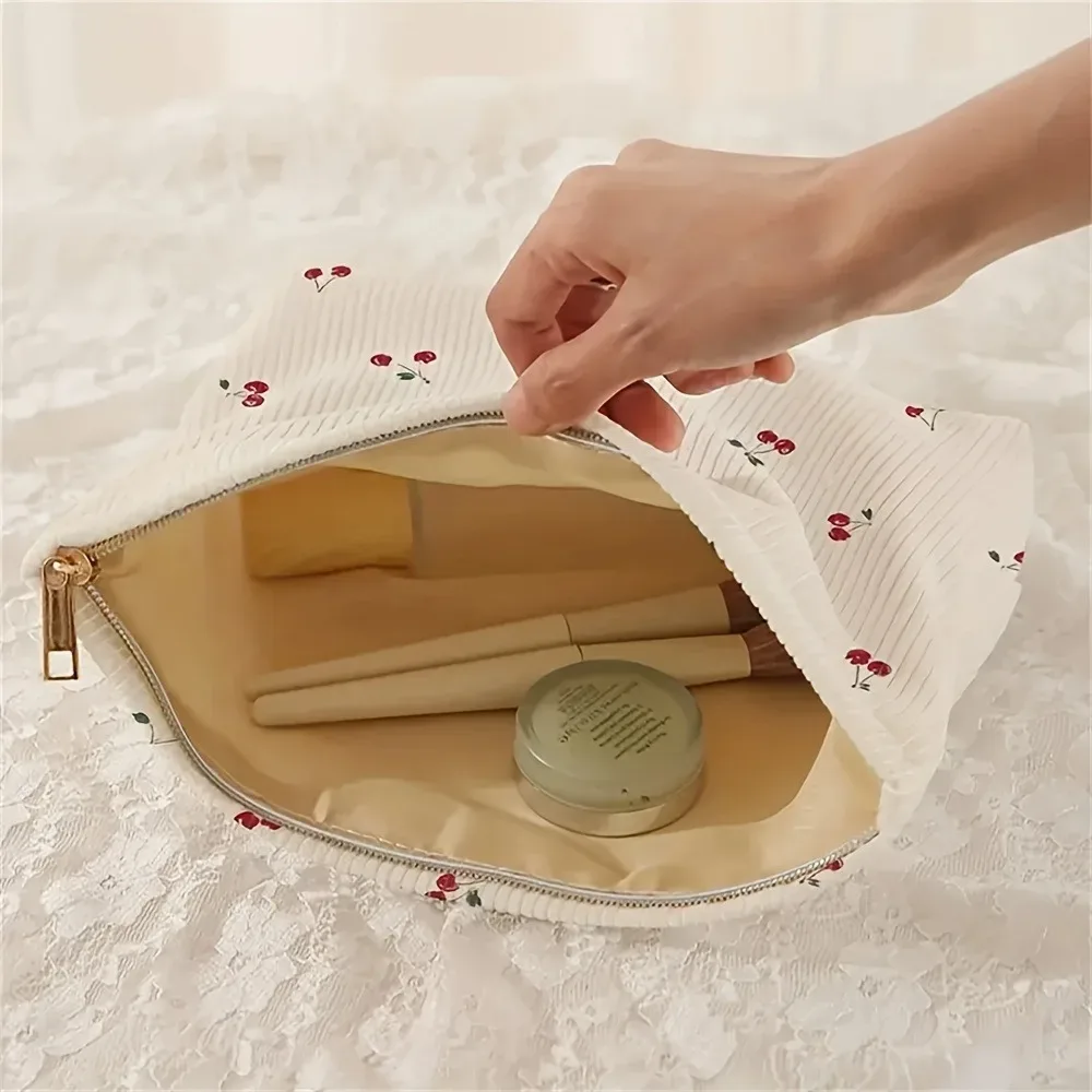 pochette décontractée en velours côtelé imprimé cerise, sac de maquillage, sac à main multifonctionnel, organisateur de toilette, boîte de rangement de cosmétiques avec doublure