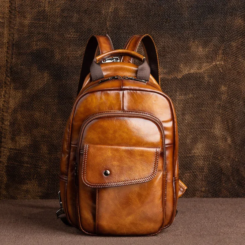 sacs de poitrine rétro pour hommes, sac vintage en cuir véritable pour hommes, nouveau sac à dos fait à la mai