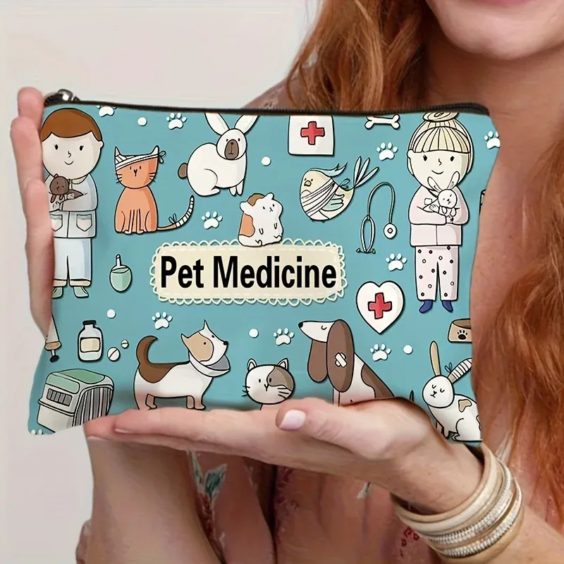 Pochette de rangement de voyage pour médicaments pour animaux de compagnie – Trousse de toilette et cosmétiques en polyester bleu clair avec illustrations de chiens et de chats mignons